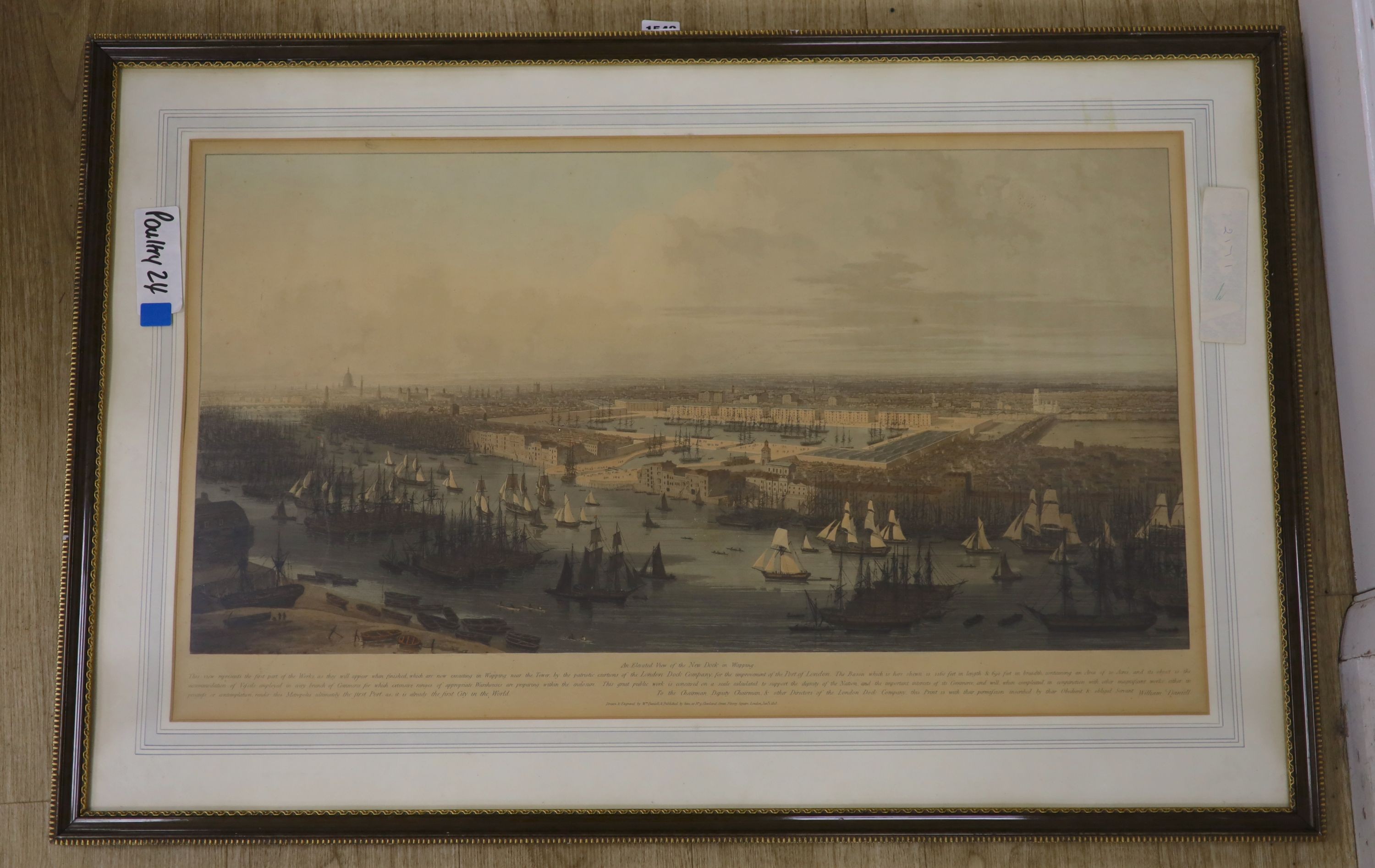 William Daniell (1769-1837), coloured lithograph, 'An elevated view of the New Dock at Wapping', 40 x 78cm